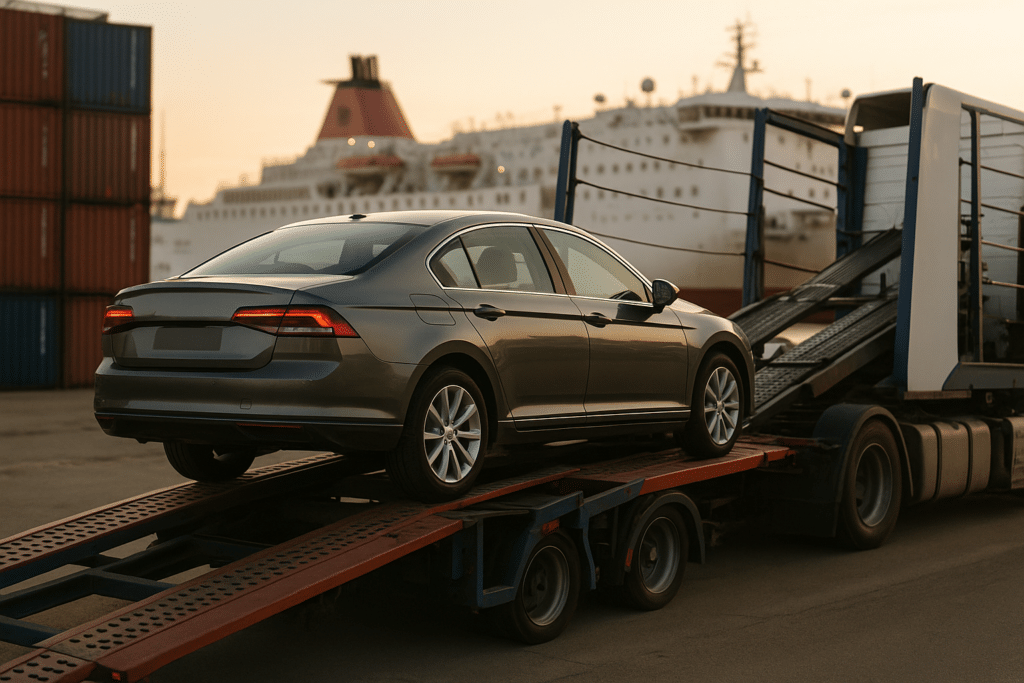Coche siendo cargado en un transportador en un puerto europeo, importación de vehículos a Canarias